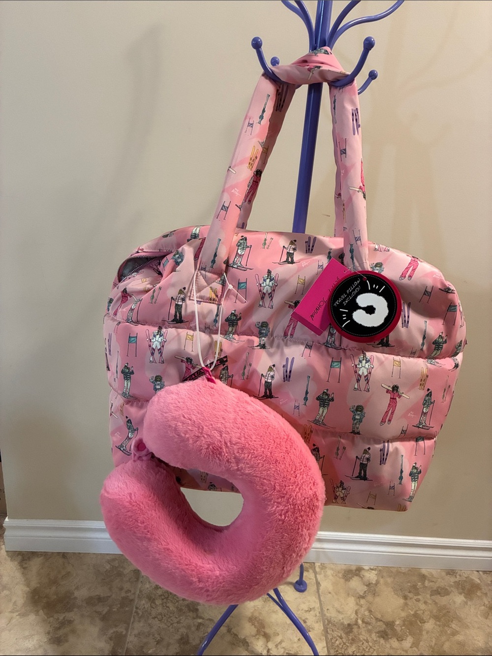 Betsey Johnson Ski Pink Puffy Tote Duffle bag & Plush Pink Neck Pillow skiing